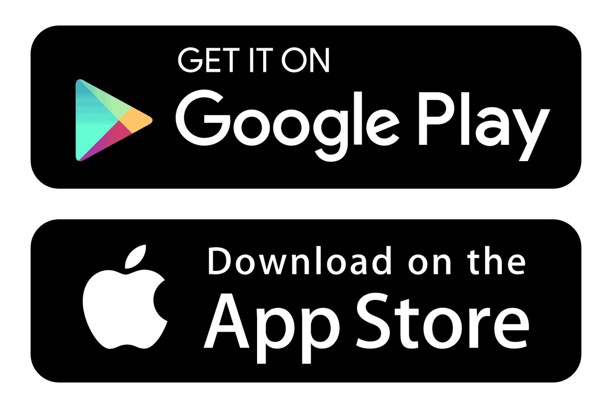 Google Play and App Store download buttons on a black background.